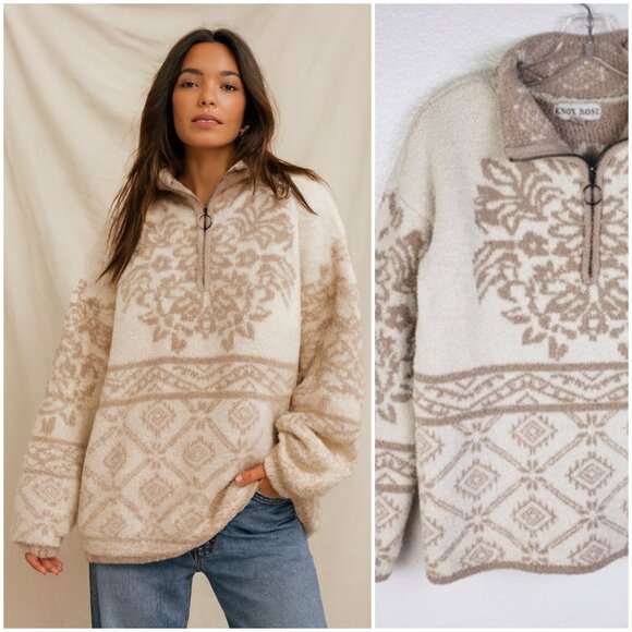 Knox Rose Bohemian Plush Sweatshirt 1/2 Zip Pullover size L Floral Ethnic - Picture 1 of 11